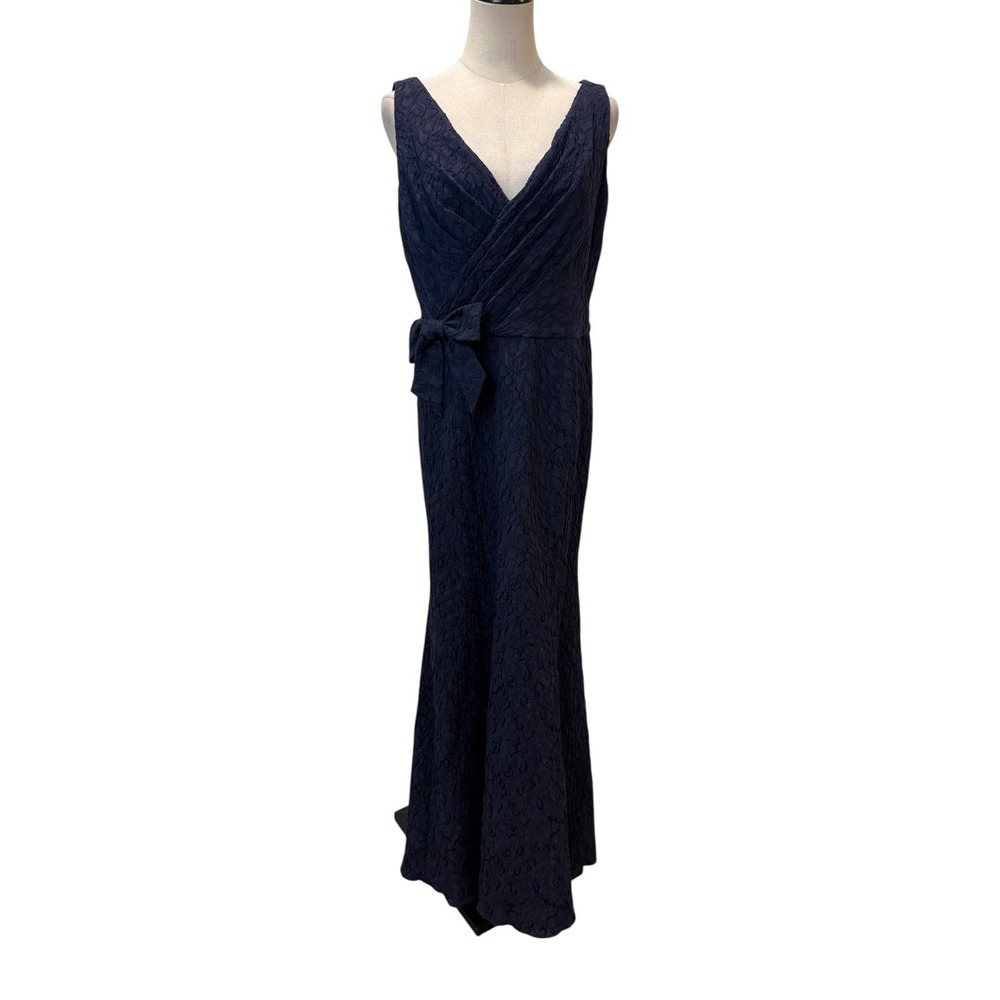 David Meister Formal Dress Sz 14 Fit Flare Navy Wrap Style Bodice Mother Bride